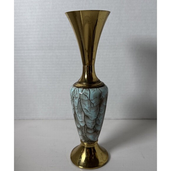 Vintage Delft Turquoise and Brass Mottled Hand Painted Vase - Picture 1 of 9
